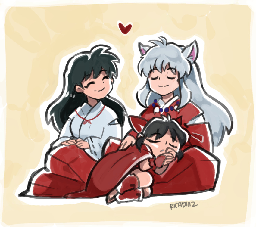 1boy 2girls animal_ears bow closed_eyes dog_ears family fang_necklace father_and_daughter hair_bow han'you_no_yashahime higurashi_kagome husband_and_wife inuyasha inuyasha_(character) japanese_clothes jewelry kimono lap_pillow long_hair moroha mother_and_daughter multiple_girls necklace rica_diaz silver_hair sitting sleeping smile very_long_hair