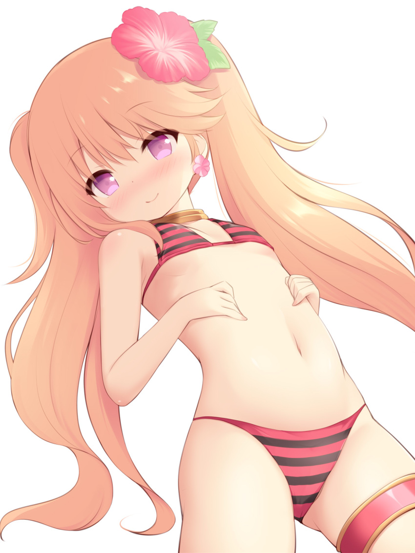 1girl ass_visible_through_thighs bangs bare_arms bare_shoulders bikini blush breasts brown_hair closed_mouth cowboy_shot eyebrows_visible_through_hair flower hair_between_eyes hair_flower hair_ornament highres iris_mysteria! long_hair looking_at_viewer navel nose_blush red_flower simple_background small_breasts smile solo striped striped_bikini swimsuit twintails very_long_hair violet_eyes white_background yuu_(yumezakura)