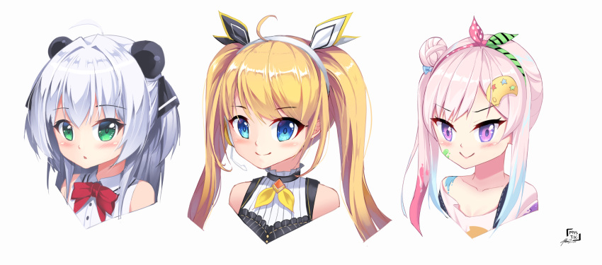 3girls airani_iofifteen blonde_hair blue_hair blush chiwa_(pandaclip) collarbone collared_shirt english_commentary eyebrows_visible_through_hair gradient_hair grey_hair headset highres hololive hololive_indonesia multicolored_hair multiple_girls mystic-san neck_ribbon nijisanji nijisanji_id off-shoulder_shirt off_shoulder pandaclip:_the_black_thief pink_hair portrait ribbon shirt side_bun side_ponytail sleeveless sleeveless_shirt smile twintails virtual_youtuber white_shirt yellow_ribbon zea_cornelia