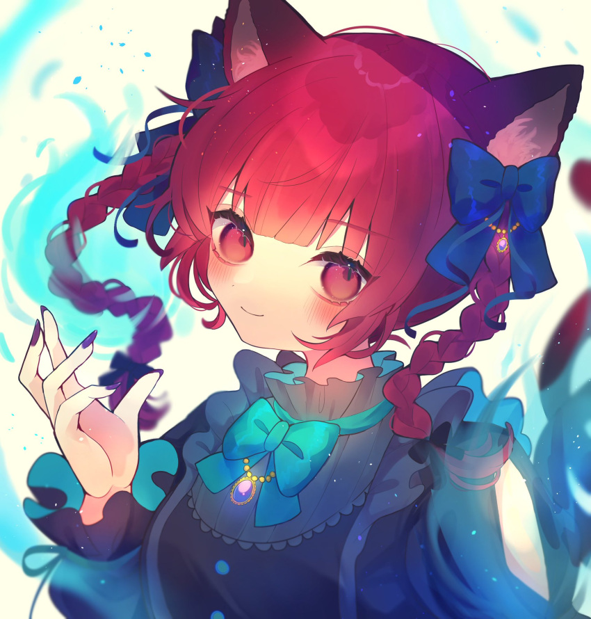 1girl animal_ears black_bow black_shirt blue_bow blush bow braid brooch cat_ears chikuwa_(tikuwaumai_) closed_mouth commentary_request fangs fingernails frills hair_bow hand_up highres hitodama jewelry kaenbyou_rin long_fingernails long_hair long_sleeves looking_at_viewer purple_nails red_eyes redhead shirt smile solo touhou twin_braids twintails twitter_username upper_body