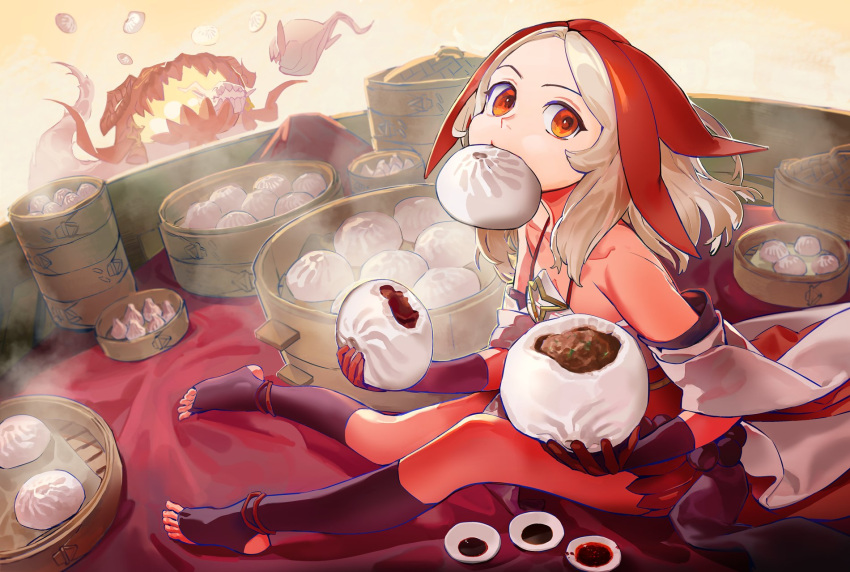 1girl bangs blonde_hair bodysuit bowl chinese_commentary commentary food food_in_mouth gloves highres holding holding_food looking_at_viewer masterwork_apocalypse medium_hair mochi monster no_shoes parted_bangs red_bodysuit red_eyes red_gloves red_headwear red_legwear red_shorts ruint shorts sitting solo swagger_(masterwork_apocalypse) yellow_background