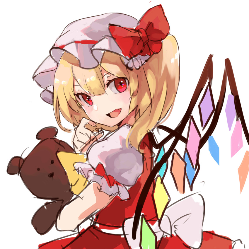 1girl :d absurdres blonde_hair blush crystal fang flandre_scarlet hand_up hat highres holding holding_stuffed_toy kani_nyan looking_at_viewer looking_back mob_cap one_side_up red_eyes short_hair skin_fang smile solo stuffed_animal stuffed_toy teddy_bear touhou upper_body wings