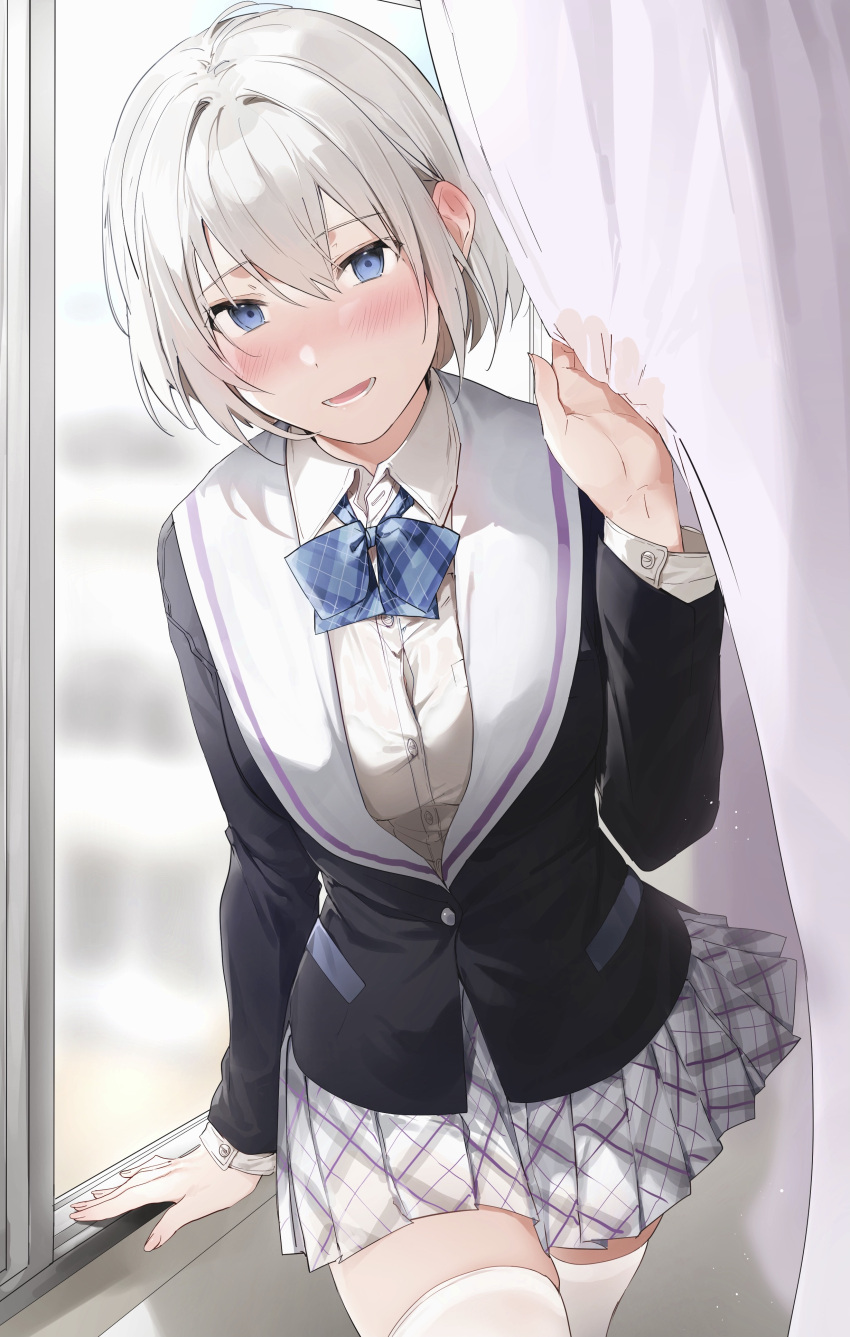 1girl absurdres bangs black_jacket blue_bow blue_bowtie blue_eyes blush bow bowtie collared_shirt curtain_grab curtains grey_hair highres jacket long_sleeves looking_at_viewer original parted_lips pleated_skirt shirt short_hair skirt smile solo thigh-highs thighs white_legwear window xretakex