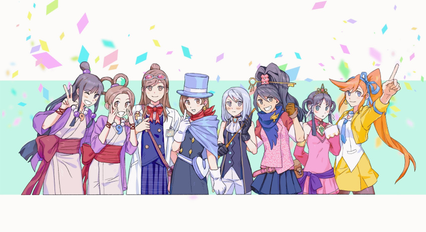 6+girls ace_attorney ace_attorney_investigations apollo_justice:_ace_attorney aqua_background arm_behind_back arm_up ascot athena_cykes back_bow bag bandana bangs bare_shoulders belt black_eyes black_gloves black_hair black_legwear blue_cape blue_dress blue_hair blue_headwear blue_necktie blue_ribbon blue_shirt blue_skirt blue_vest blunt_bangs blush bow bowtie bracelet breasts brooch brown_eyes brown_gloves brown_hair buttons cape chinese_commentary clenched_hand closed_mouth coat collared_shirt commentary_request confetti cowboy_shot crescent crescent_earrings cropped_jacket cropped_legs detached_sleeves dress earrings ema_skye eyebrows_visible_through_hair eyewear_on_head facial_mark flat_chest forehead forehead_mark formal franziska_von_karma gloves godzillapigeon1 grin hair_between_eyes hair_ornament hair_ribbon hair_rings hair_stick hand_up hands_up happy hat heart-shaped_bag high_ponytail highres holding holding_riding_crop index_finger_raised jacket japanese_clothes jewelry kay_faraday key kimono labcoat light_blush long_hair looking_at_another looking_at_viewer looking_to_the_side magatama magatama_necklace maya_fey medium_hair miniskirt multiple_girls name_tag necklace necktie one_eye_closed open_clothes open_coat open_jacket orange_hair outstretched_arm pants pantyhose parted_lips pearl_fey pearl_necklace phoenix_wright:_ace_attorney phoenix_wright:_ace_attorney_-_dual_destinies phoenix_wright:_ace_attorney_-_spirit_of_justice pin pink-tinted_eyewear pink_dress pink_shirt pink_sleeves plaid plaid_skirt pleated_skirt pocket pointing ponytail pouch purple_jacket raglan_sleeves rayfa_padma_khura'in red_bow red_bowtie red_sleeves ribbon riding_crop sash school_uniform shiny shiny_hair shirt short_dress shoulder_bag side_ponytail sidelocks simple_background single_earring skirt skirt_suit sleeveless sleeveless_shirt small_breasts smile standing straight-on suit swept_bangs teeth tiara tied_hair tinted_eyewear top_hat topknot trucy_wright two-tone_background v-shaped_eyebrows vest white-framed_eyewear white_ascot white_background white_coat white_gloves white_pants white_ribbon white_shirt yellow_headwear yellow_jacket yellow_skirt younger