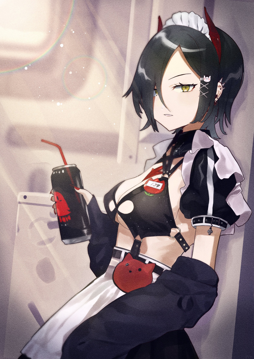 1girl absurdres against_wall akutaa apron azur_lane black_bra black_hair black_skirt bra breast_strap breasts can cat_hair_ornament drinking_straw from_side hair_ornament hair_over_one_eye highres holding holding_can horns looking_at_viewer maid_headdress mechanical_horns medium_breasts multicolored_hair official_alternate_costume puffy_short_sleeves puffy_sleeves red_horns short_hair short_sleeves skirt solo standing two-tone_hair ulrich_von_hutten_(azur_lane) ulrich_von_hutten_(mayhem_maid)_(azur_lane) underwear upper_body white_apron white_hair yellow_eyes