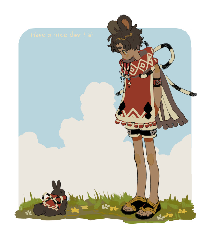 1boy animal animal_ears armlet bangs bare_arms bare_legs bare_shoulders black_footwear black_shorts blue_flower blue_sky border borrowed_character bow brown_hair chinese_commentary closed_mouth clouds cloudy_sky commentary_request creature_and_personification dark-skinned_male dark_skin day english_text expressionless flower fringe_trim from_side full_body grass guu_(hakahonoo) high_collar highres light_brown_eyes looking_at_animal looking_down male_focus original outdoors outside_border parted_bangs patterned patterned_clothing profile rabbit rabbit_ears rounded_corners sandals shorts sky sleeveless solid_oval_eyes standing tareme thick_eyebrows toes white_border white_flower yellow_flower