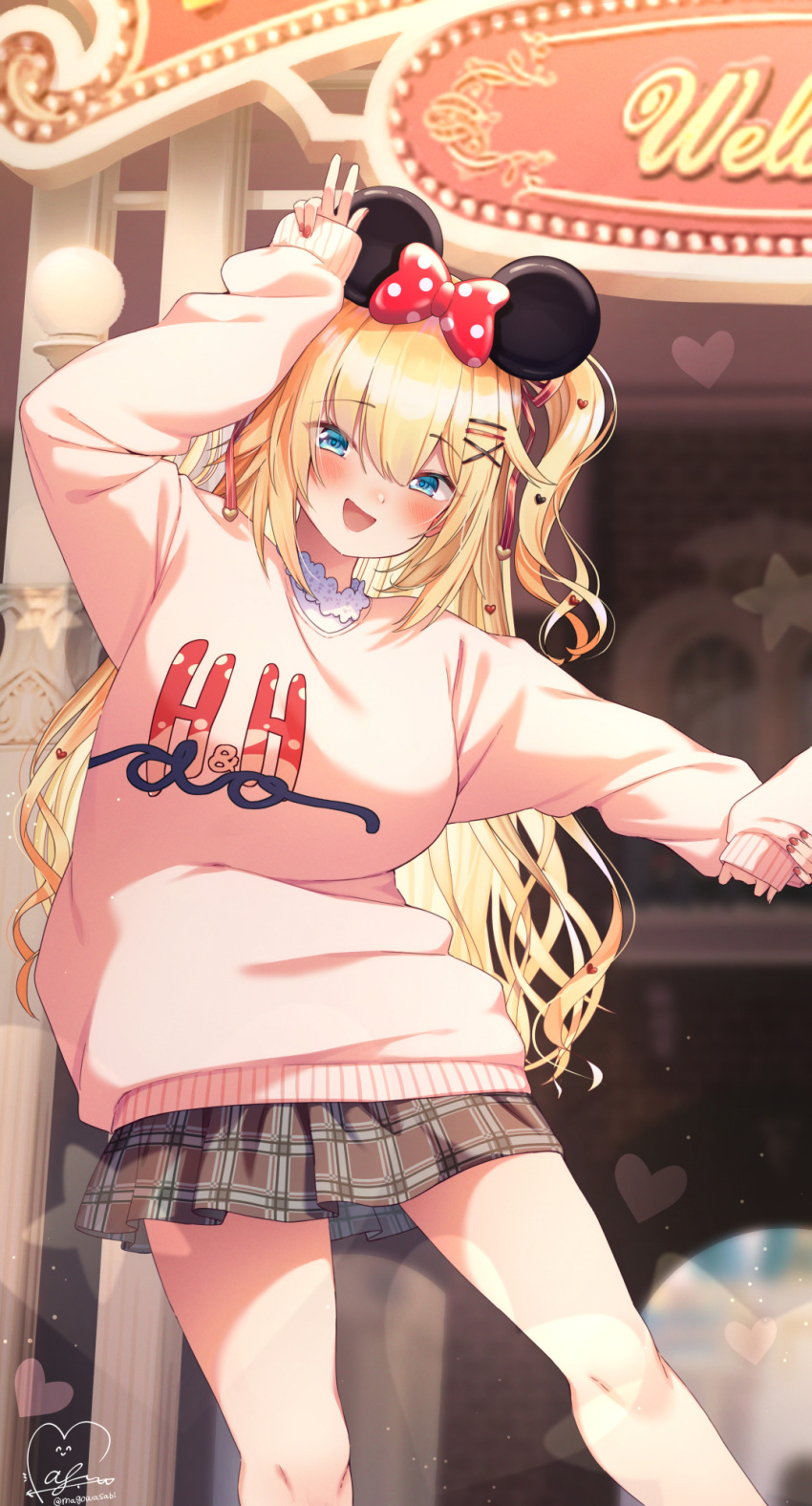 1girl :d akai_haato bangs blonde_hair blue_eyes blush bow brown_skirt clothes_writing commentary_request eyebrows_visible_through_hair hair_between_eyes hair_ornament hairclip heart heart_hair_ornament highres holding_hands hololive long_hair long_sleeves looking_at_viewer magowasabi nail_polish pink_sweater plaid plaid_skirt polka_dot polka_dot_bow red_bow red_nails signature skirt smile solo_focus standing sweater twitter_username two_side_up virtual_youtuber x_hair_ornament