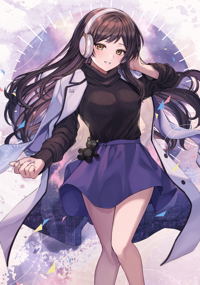 1girl brown_hair headphones highres idolmaster idolmaster_million_live! kitazawa_shiho kurousagi_yuu long_hair long_sleeves nail_polish purple_skirt skirt smile solo sweater teeth yellow_eyes