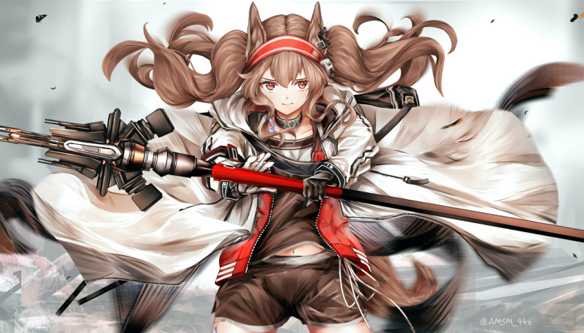 &gt;:) 1girl angelina_(arknights) animal_ears arknights black_shirt black_shorts brown_eyes brown_hair closed_mouth coat collar collarbone cowboy_shot fighting_stance floating_hair fox_ears fox_girl fox_tail hairband holding holding_staff infection_monitor_(arknights) jacket long_hair looking_at_viewer motion_blur navel open_clothes open_coat open_jacket red_jacket shirt shorts smile solo staff tail twintails twitter_username two-tone_gloves two-tone_hairband v-shaped_eyebrows white_coat yokaze_(yokajie)
