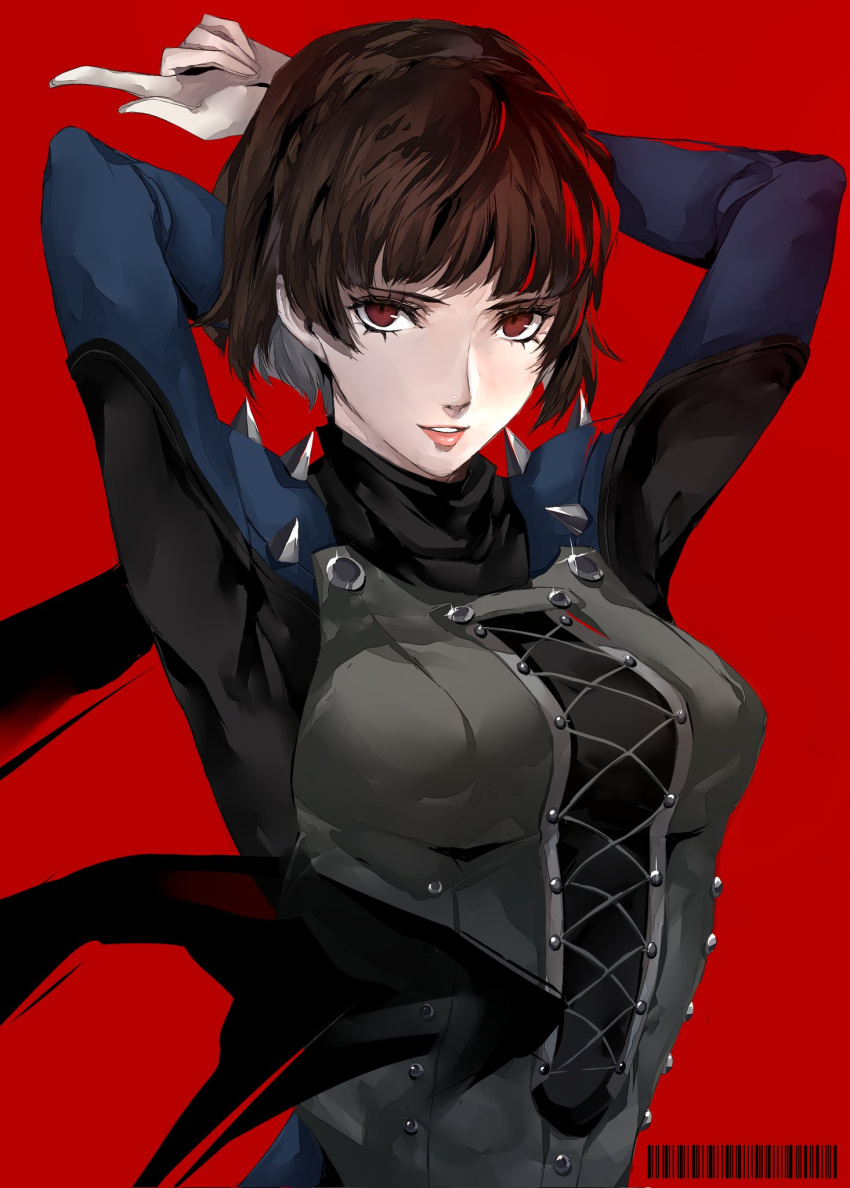 1girl arm_behind_back arms_up bangs black_bodysuit black_scarf blue_bodysuit blunt_bangs bodysuit braid brown_hair closed_mouth crown_braid highres lips long_sleeves looking_at_viewer multicolored_bodysuit multicolored_clothes persona persona_5 pertex_777 pink_lips red_background red_eyes scarf short_hair shoulder_spikes simple_background solo spikes