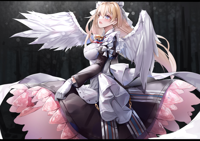 1girl absurdres angel_wings bangs bell blonde_hair blue_eyes blush breasts character_request clothes_lift dress dress_lift eyebrows_visible_through_hair gloves highres large_breasts long_hair looking_up lubikaya maid maid_headdress neck_bell open_mouth profile solo standing warship_girls_r white_gloves wings