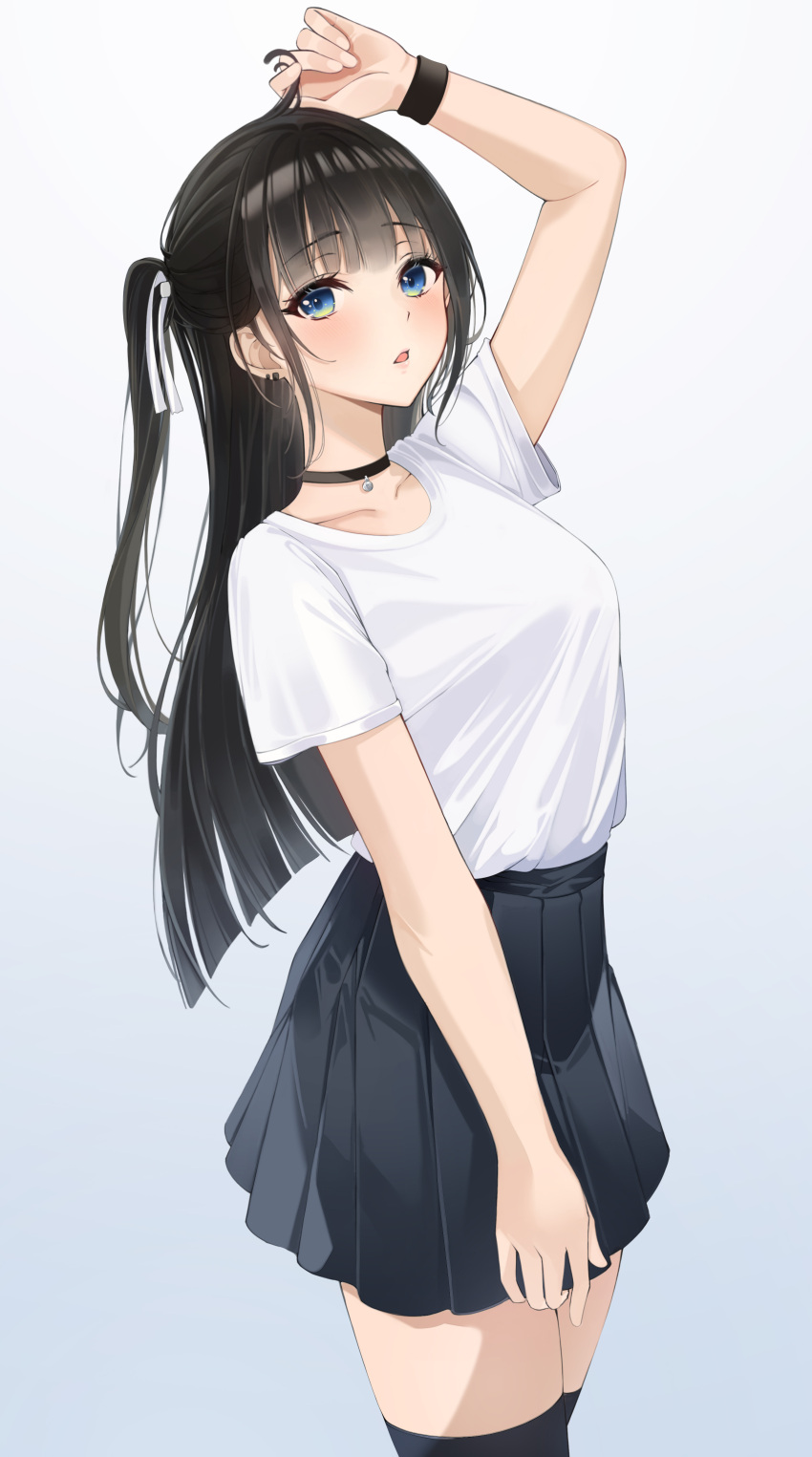 1girl :o absurdres adjusting_hair arm_up bangs black_hair black_legwear black_skirt blue_eyes blush choker collarbone eyebrows_visible_through_hair hand_in_hair highres lebring long_hair looking_at_viewer original parted_lips pleated_skirt shirt short_sleeves side_ponytail skirt solo standing t-shirt thigh-highs white_background white_shirt zettai_ryouiki