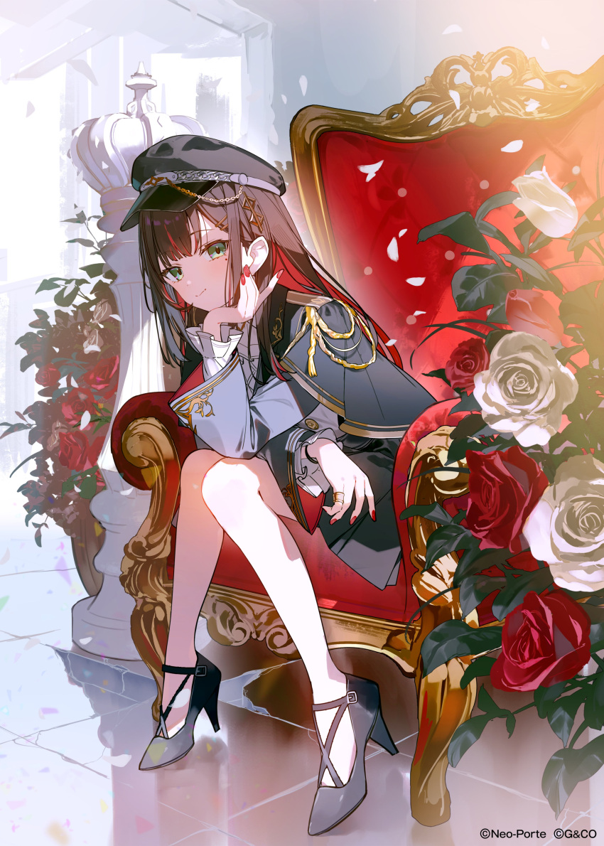 1girl absurdres aiguillette ashima_(roro046) black_capelet black_hair black_hat black_jacket black_shoes capelet chair colored_inner_hair commentary company_name copyright_name copyright_notice elbow_rest flower hair_ornament hat head_rest high_heels highres hizuki_yui indoors jacket jewelry long_sleeves looking_at_viewer military_hat military_uniform mole mole_under_eye multicolored_hair nail_polish neo-porte official_alternate_costume official_art on_chair red_flower red_hair red_nails red_rose ring rose shirt shoes sitting smile solo virtual_youtuber white_flower white_rose white_shirt xross_stars