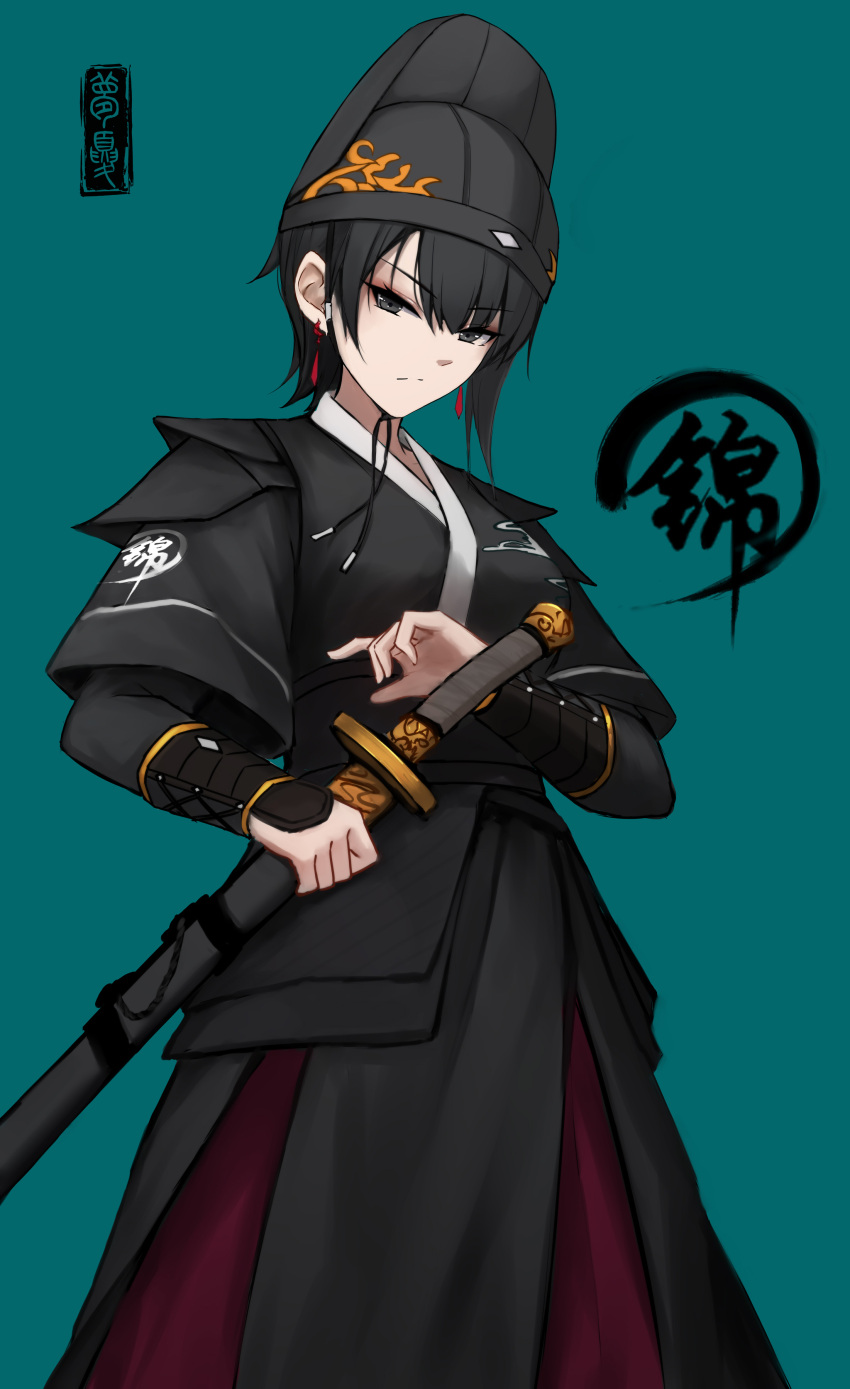 1girl absurdres arm_guards bangs black_eyes black_hair black_headwear black_kimono blue_background breasts closed_mouth earrings eyebrows_visible_through_hair hair_between_eyes hat highres holding holding_sheath japanese_clothes jewelry kimono long_sleeves looking_at_viewer medium_breasts obi original sash sheath sheathed shimmer short_hair simple_background solo sword v-shaped_eyebrows weapon