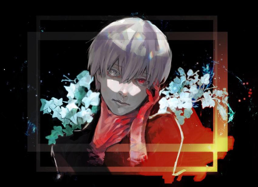 1boy bangs black_background closed_mouth colored_skin cropped_head flower grey_hair hand_on_own_throat hands_up heterochromia highres kaneki_ken kyuuba_melo male_focus red_background red_eyes red_skin short_hair solo tokyo_ghoul white_flower