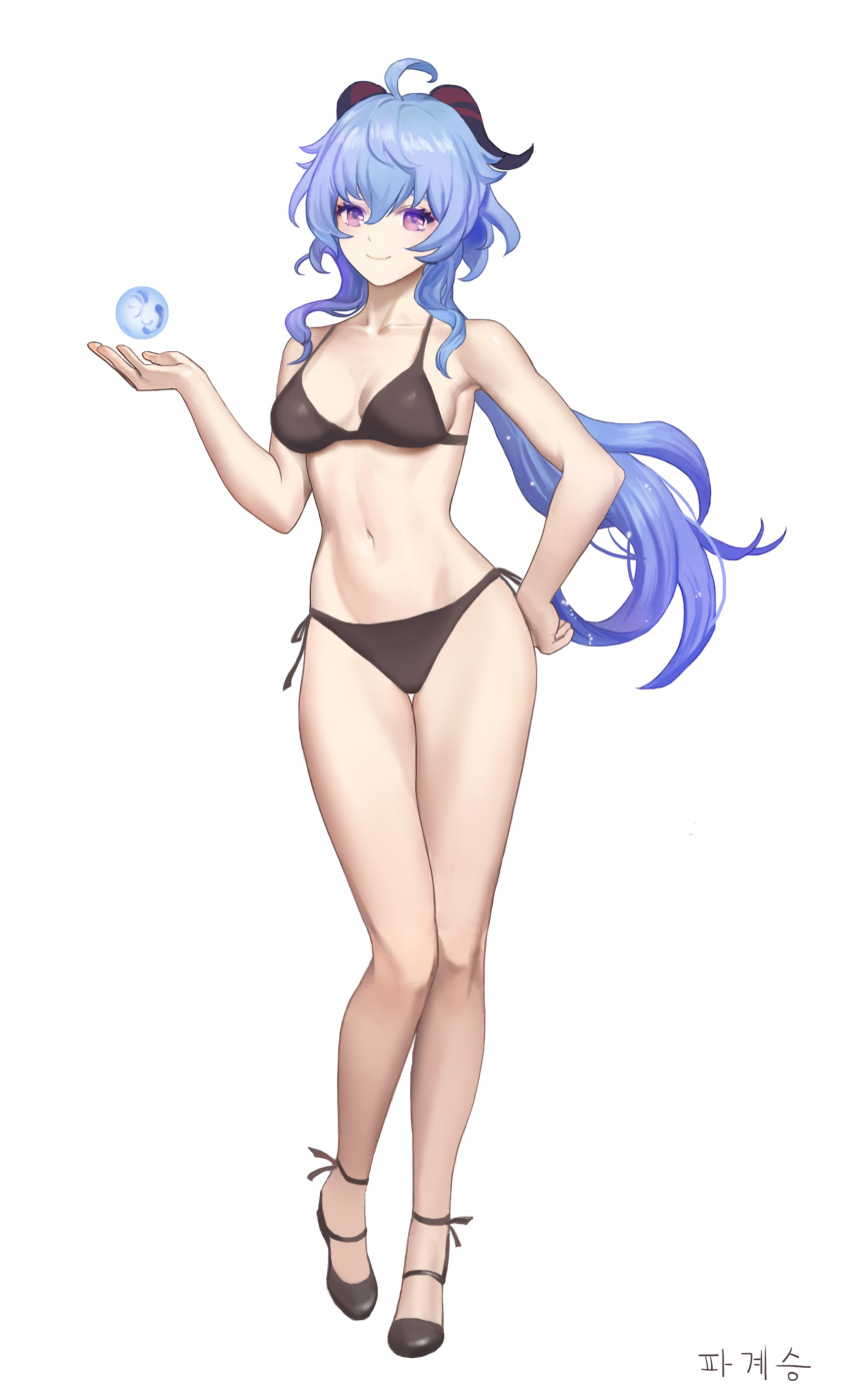 absurdres ahoge armpits bangs bikini black_bikini blue_hair breasts collarbone full_body ganyu_(genshin_impact) genshin_impact ha_kaisou high_heels highres horns long_hair looking_at_viewer low_ponytail medium_breasts navel orb sideboob sidelocks signature smile solo standing swimsuit violet_eyes white_background