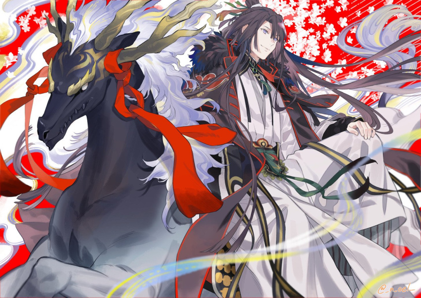 1boy black_hair fate/grand_order fate_(series) flower fur_collar hand_on_own_knee long_hair male_focus n_oel qilin_(mythology) red_background riding smile tai_gong_wang_(fate) topknot twitter_username violet_eyes