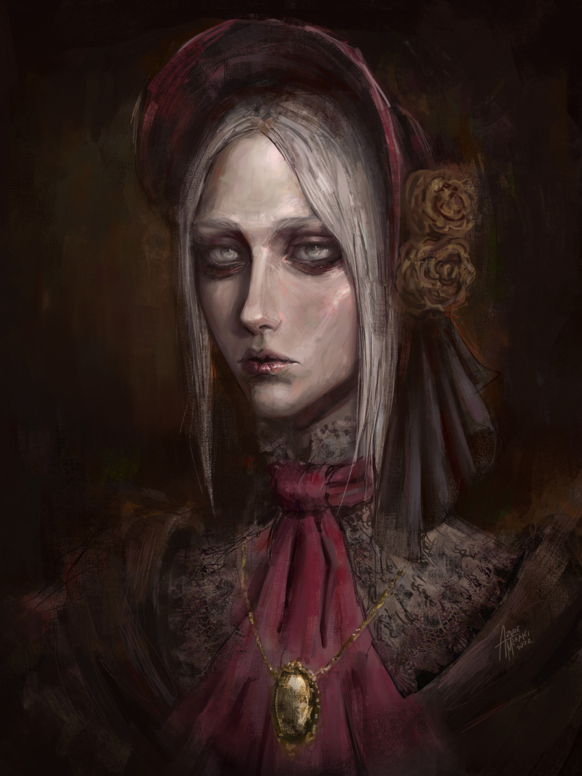 1girl ascot azure_meraki bloodborne bonnet brown_background closed_mouth dated flower highres jewelry looking_at_viewer making-of_available necklace plain_doll portrait red_ascot rose signature solo white_hair yellow_flower yellow_rose