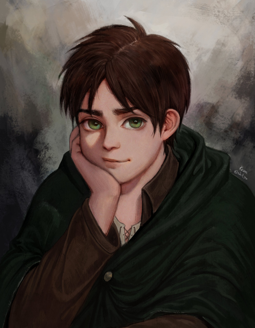 1boy absurdres bangs capelet collared_jacket ekit70 elbow_rest eren_yeager green_capelet green_eyes highres male_focus paradis_military_uniform parted_bangs portrait shingeki_no_kyojin short_hair smile solo thick_eyebrows undershirt upper_body