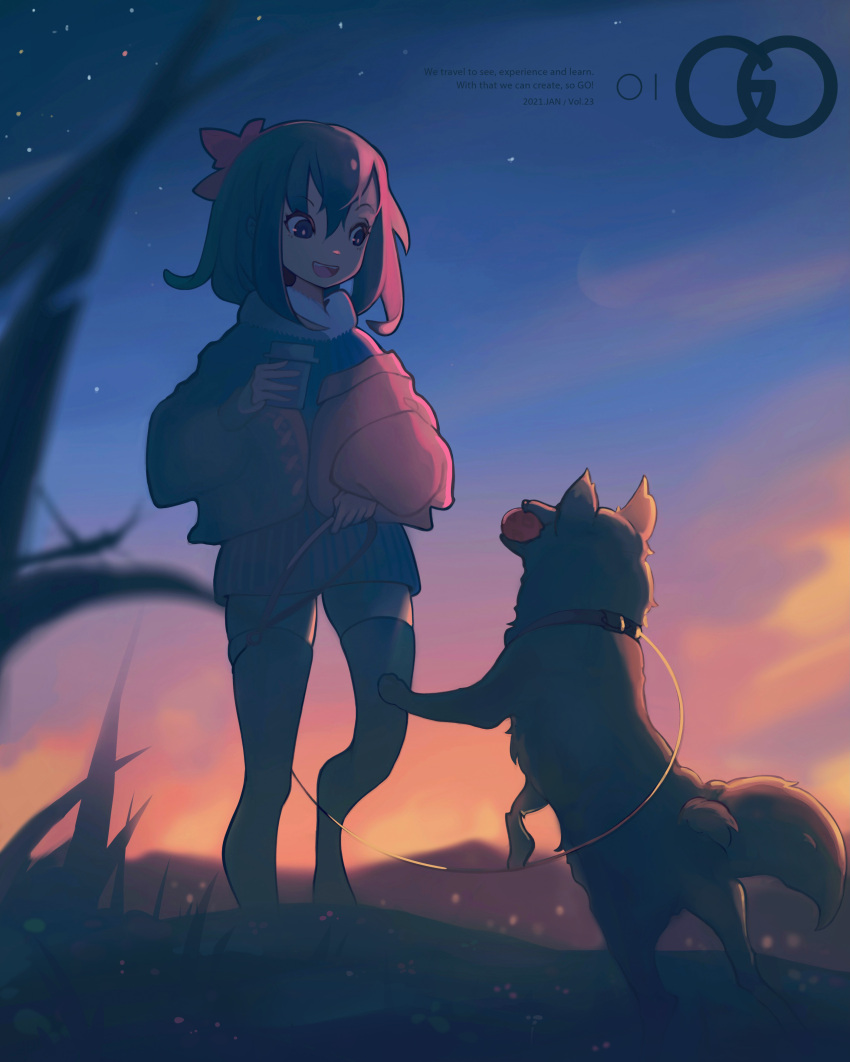 1girl absurdres blush bow cup dog hair_bow highres holding holding_cup leash medium_hair open_mouth original outdoors red_bow smile soar solo sunset thigh-highs