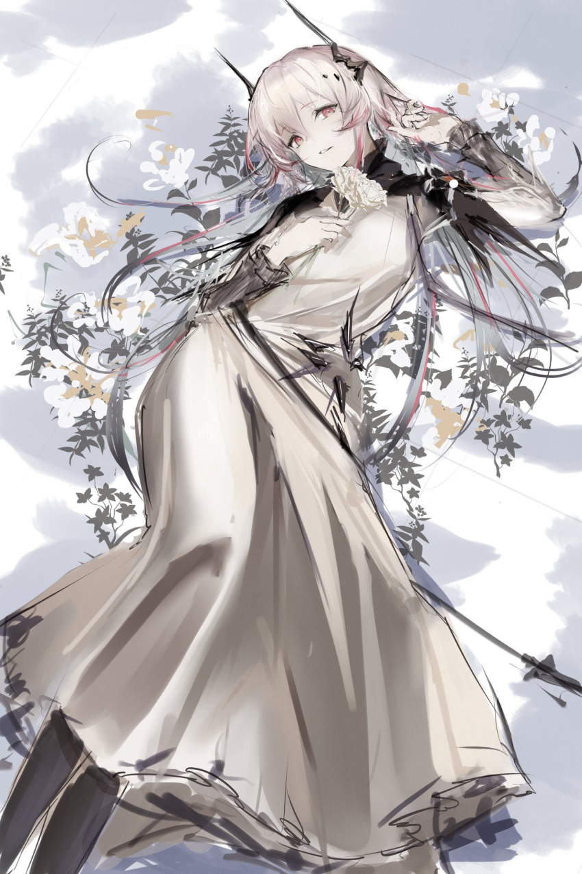 1girl arknights arm_up bangs black_legwear dress drmaho1 eyebrows_visible_through_hair feet_out_of_frame flower foreshortening highres holding holding_flower horns long_hair long_sleeves looking_at_viewer parted_lips red_eyes rose silver_hair smile solo theresa_(arknights) white_dress white_flower white_rose