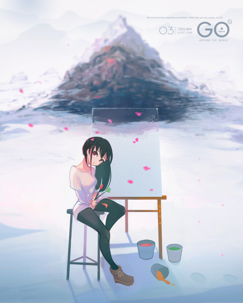 1girl absurdres black_hair black_legwear breasts canvas_(object) eyebrows_visible_through_hair highres holding holding_paintbrush large_breasts long_hair looking_at_viewer mountain original outdoors paint paint_can paintbrush pantyhose red_eyes scenery shirt sitting soar solo white_shirt