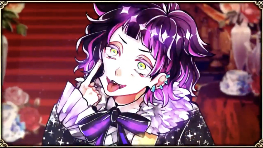 1boy akuma_shitsuji_to_kuroi_neko black_hair crazy ear_piercing lamli_bennett long_sleeves multicolored_hair official_art pale_skin piercing pink_hair sharp_teeth studio_wasabi teeth tongue tongue_out yellow_eyes