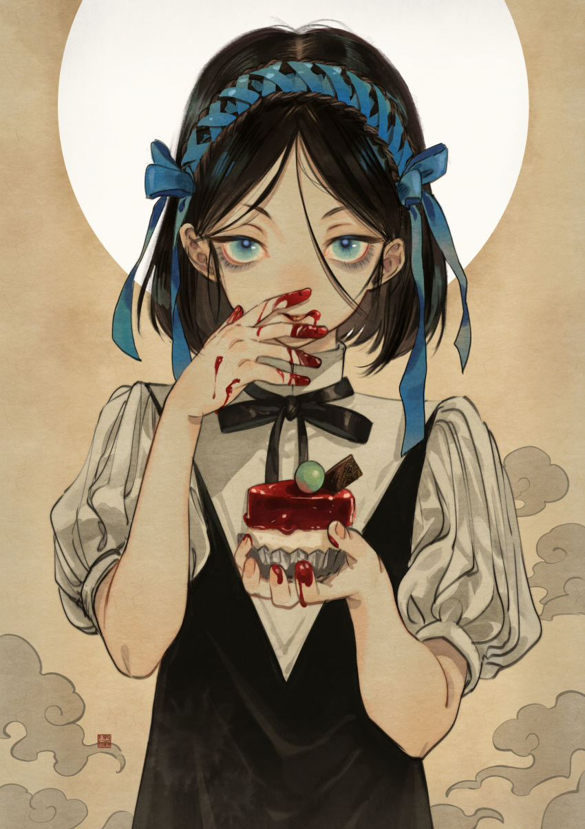1girl black_dress black_hair black_ribbon blue_eyes blue_hairband blue_ribbon brown_background cake closed_mouth clouds commentary_request dress food food_on_face food_on_hand hair_ribbon hairband highres holding holding_food looking_at_viewer neck_ribbon original p-suke pinafore_dress ribbon short_hair short_sleeves solo tongue tongue_out upper_body white_background