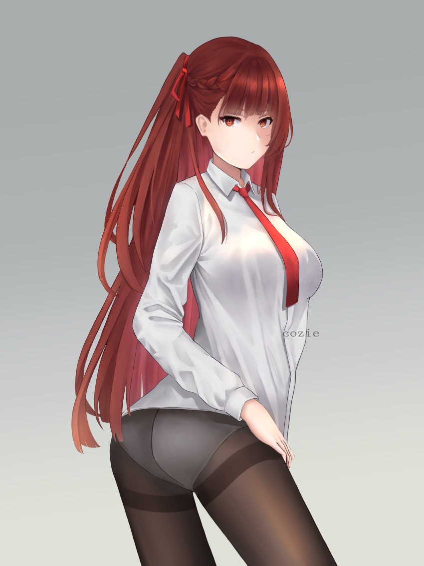 1girl absurdres artist_name ass bangs black_legwear braid breasts closed_mouth cozie178 eyebrows_visible_through_hair feet_out_of_frame french_braid girls_frontline hair_ribbon highres long_hair looking_at_viewer necktie panties panties_under_pantyhose pantyhose red_eyes red_necktie red_ribbon redhead ribbon shirt simple_background solo standing underwear wa2000_(girls'_frontline) white_panties white_shirt