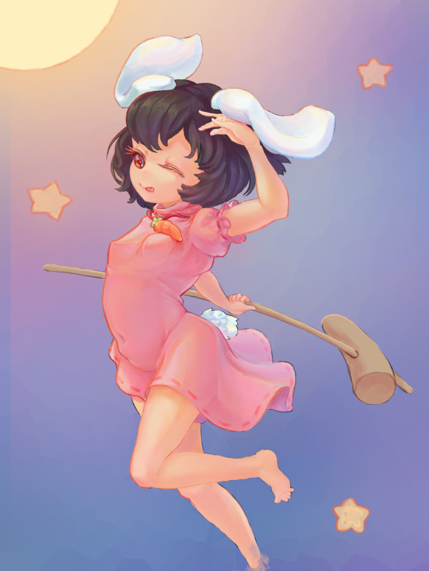 1girl :p animal_ears arm_up barefoot black_hair blue_background breasts carrot_necklace covered_navel dress floppy_ears foot_out_of_frame gradient gradient_background highres holding holding_mallet inaba_tewi kine mallet moon no_eyebrows pink_dress rabbit_ears rabbit_tail red_eyes short_hair simple_background small_breasts solo star_(symbol) tail toes tongue tongue_out touhou xiaoice0209