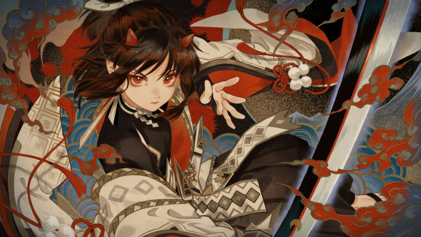 1girl black_shirt black_skirt brown_hair character_request closed_mouth clouds commentary_request demon_horns flower_knot frown highres holding holding_sword holding_weapon horns katana long_hair looking_at_viewer mole mole_under_eye onmyoji p-suke red_eyes red_ribbon ribbon seigaiha shide shirt skirt solo sword tassel weapon