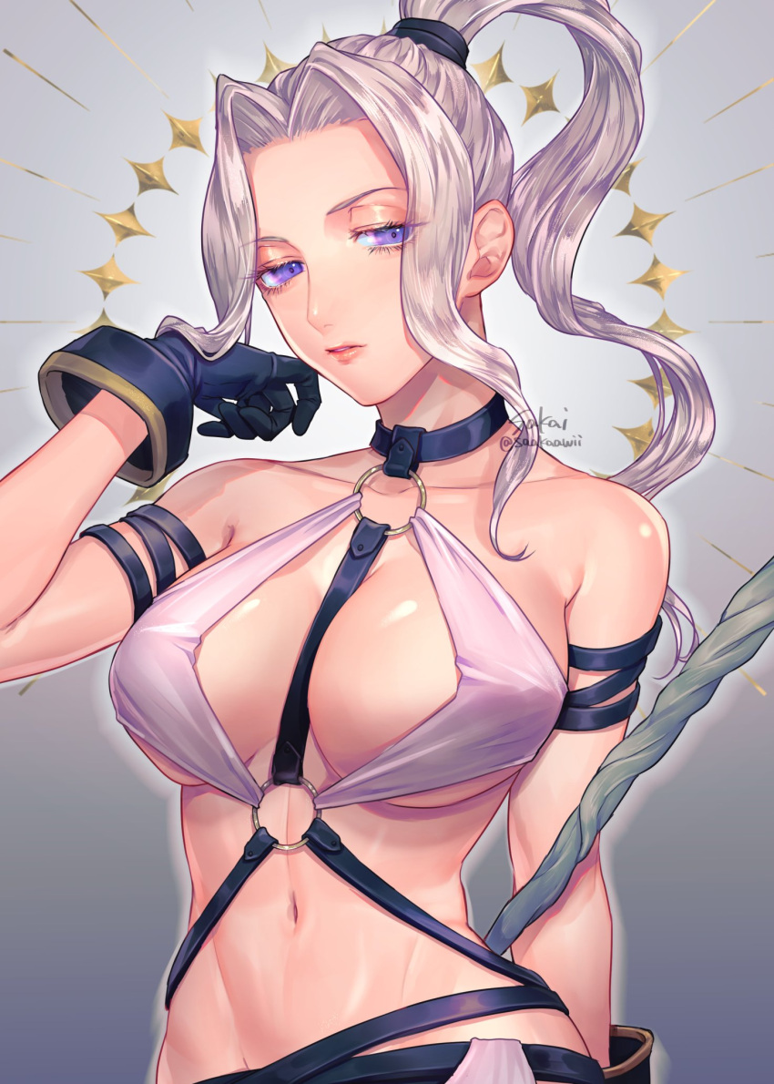 1girl bare_shoulders between_breasts breasts closed_mouth dress eyelashes female gensou_suikoden gloves hand_up high_ponytail highres jeane jewelry large_breasts long_hair looking_at_viewer navel o-ring o-ring_top parted_bangs parted_lips ponytail revealing_clothes sakai_(motomei) silver_hair simple_background solo standing violet_eyes