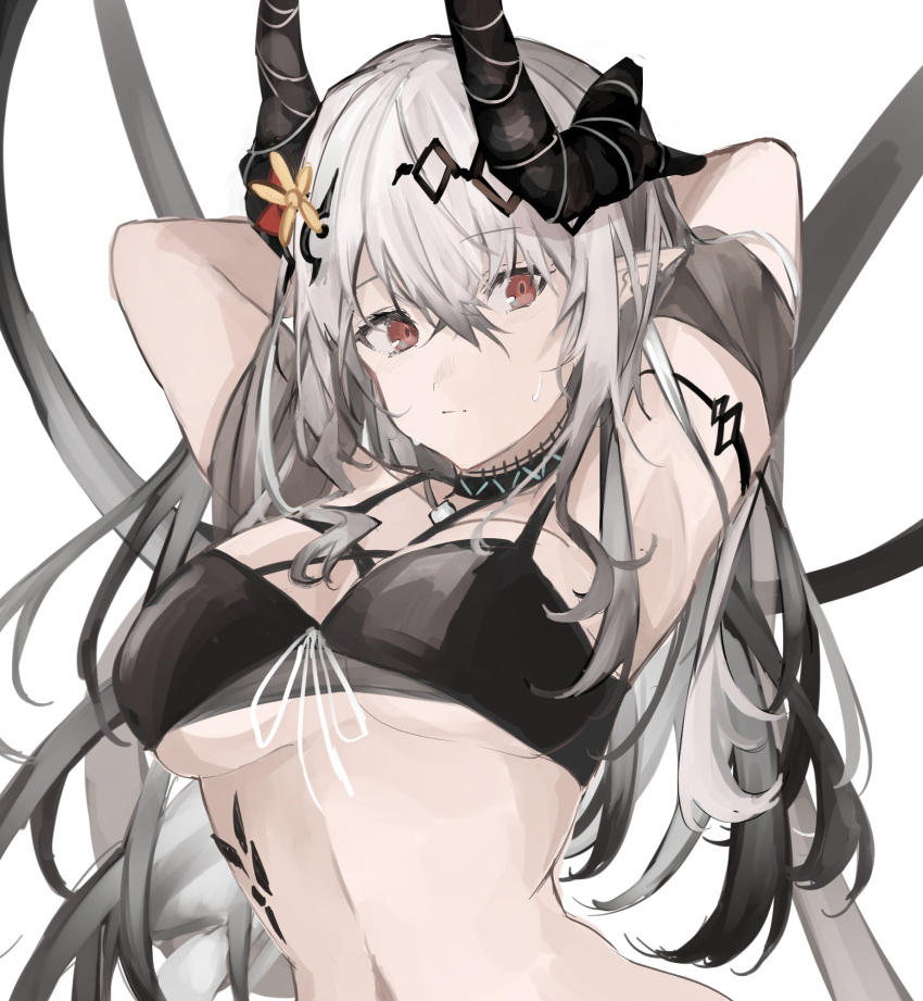 arknights arms_behind_head arms_up bangs bikini black_bikini black_choker black_hair breasts choker closed_mouth commentary emiya_negi eyebrows_visible_through_hair flower gradient gradient_background hair_flower hair_ornament highres horns jewelry large_breasts long_hair looking_at_viewer mudrock_(arknights) mudrock_(silent_night)_(arknights) navel necklace official_alternate_costume oripathy_lesion_(arknights) pointy_ears red_eyes silver_hair simple_background stomach swimsuit under_boob upper_body very_long_hair white_background yellow_flower