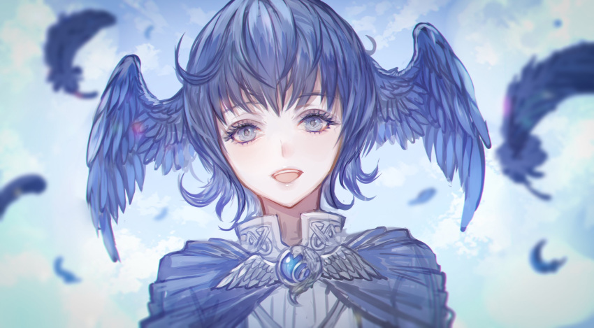 1girl :d bird_wings blue_background blue_capelet blue_eyes blue_feathers blue_hair blurry brooch capelet clouds collared_shirt commentary depth_of_field feathered_wings feathers final_fantasy final_fantasy_xiv head_wings highres jewelry looking_at_viewer meteion open_mouth portrait senano-yu shirt short_hair sky smile solo wings
