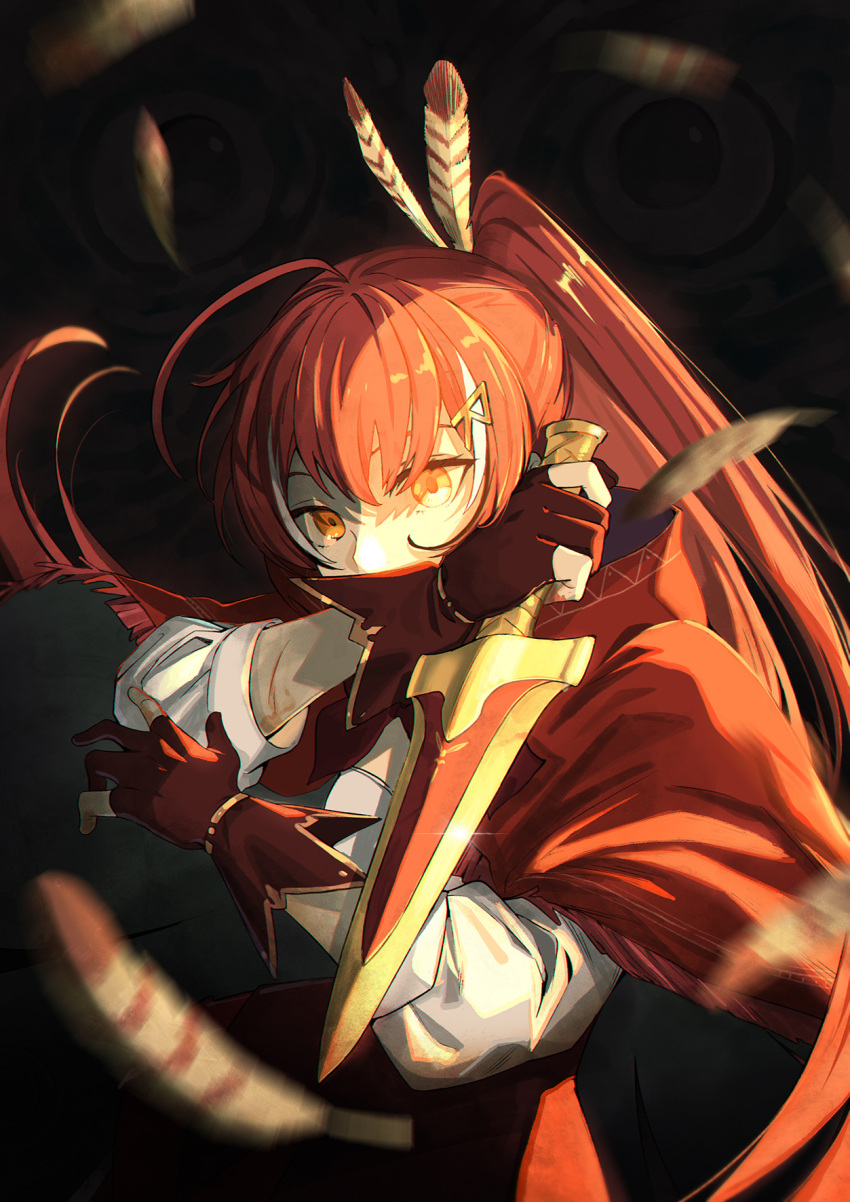 bangs black_background brown_eyes brown_hair capelet cloak crow_(aaaaaaa068345) dagger feathers fingerless_gloves gloves hair_ornament highres hololive hololive_english knife nanashi_mumei orange_eyes orange_hair pale_skin ponytail shirt virtual_youtuber weapon white_shirt