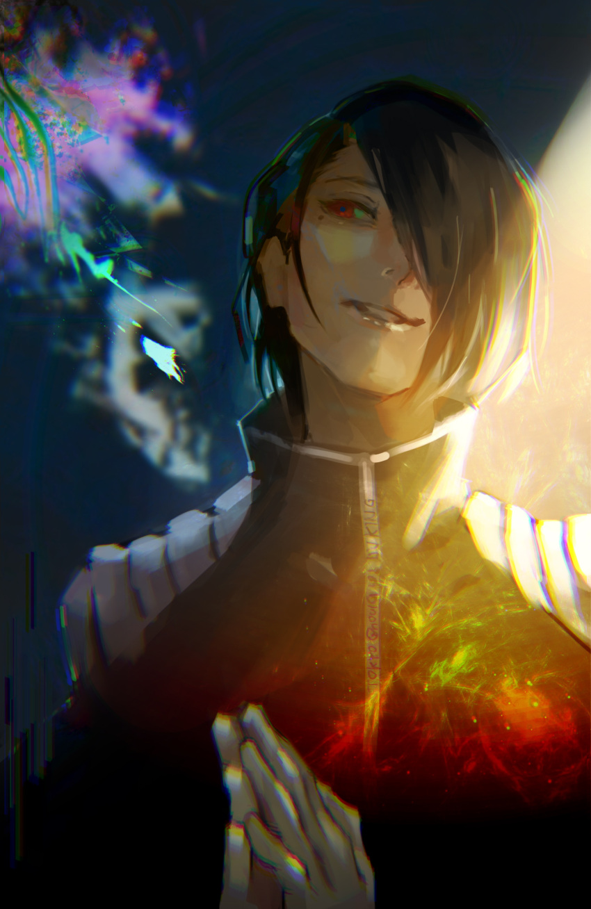 1boy bangs black_hair black_jacket blurry blurry_background flower furuta_nimura grin hair_over_one_eye hands_up highres jacket kyuuba_melo male_focus mole mole_under_eye own_hands_together palms_together red_eyes shiny short_hair smile solo teeth tokyo_ghoul tokyo_ghoul:re