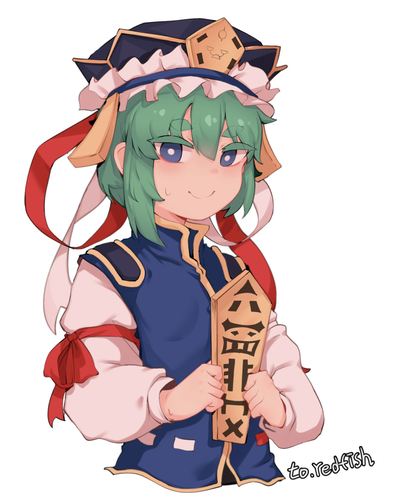 1girl asymmetrical_hair blue_eyes blue_vest bright_pupils cropped_torso doro_au flat_chest gold_trim green_hair hat highres holding holding_stick looking_at_viewer rod_of_remorse shiki_eiki simple_background smile solo stick touhou upper_body vest white_background