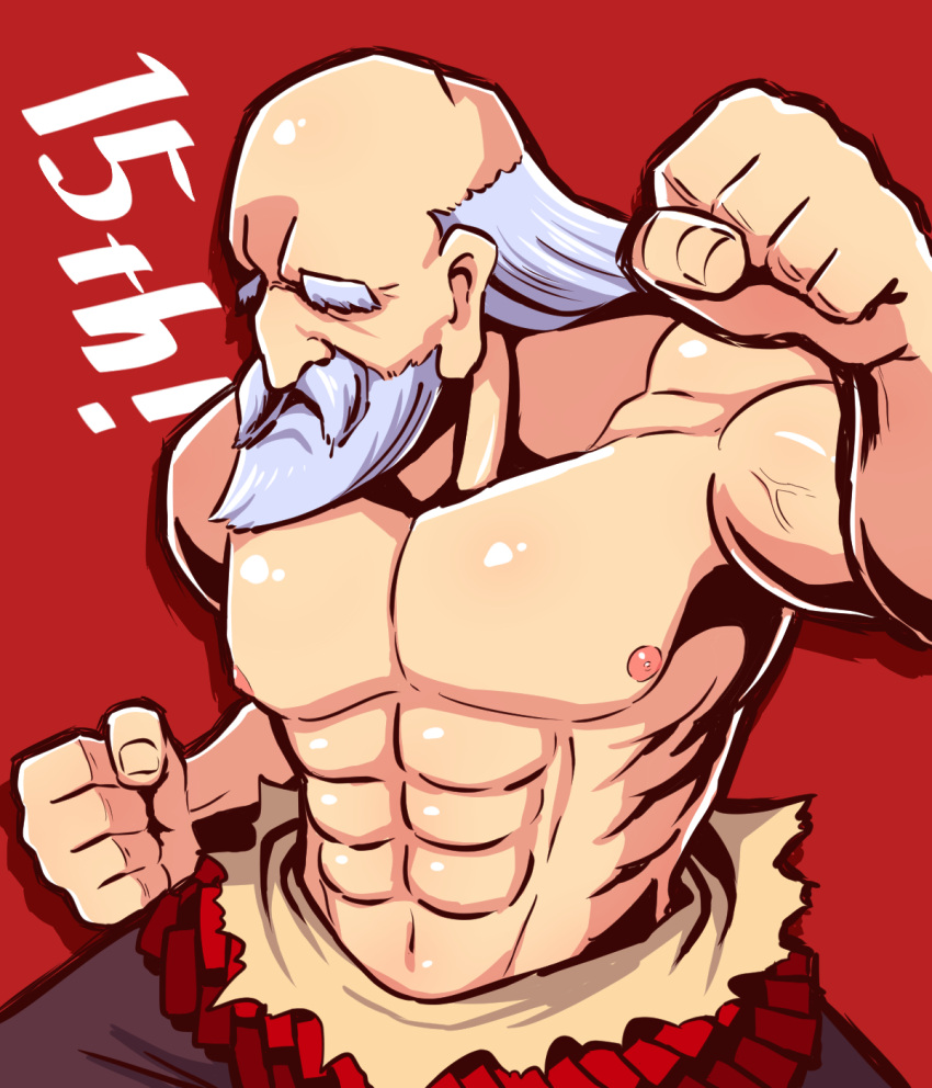 1boy abs bald beard black_pants clenched_hands commentary_request facial_hair facing_viewer grey_hair highres looking_at_viewer male_focus monk_(sekaiju) mustache naga_u pants red_background sekaiju_no_meikyuu sekaiju_no_meikyuu_3 solo thick_eyebrows topless_male translation_request