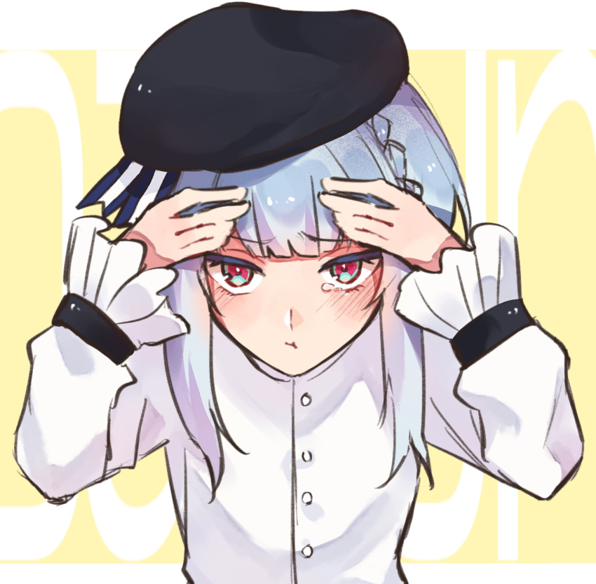 1boy akuma_shitsuji_to_kuroi_neko androgynous blue_eyes blue_hair blush crying crying_with_eyes_open embarrassed flure_garcia hat highres long_sleeves looking_at_viewer looking_up mm_ii_rk multicolored_eyes pale_skin pink_eyes tearing_up tears