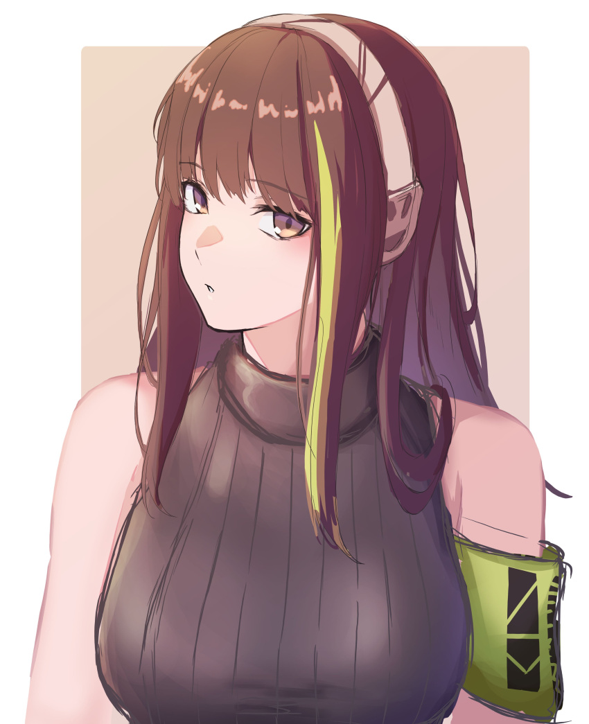 1girl 3_small_spiders absurdres bangs bare_shoulders black_sweater_vest breasts brown_eyes brown_hair closed_mouth eyebrows_visible_through_hair girls_frontline headset highres long_hair looking_at_viewer m4a1_(girls'_frontline) medium_breasts multicolored_hair simple_background solo sweater_vest upper_body