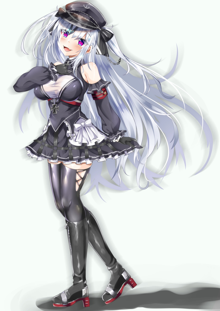 1girl absurdres azur_lane black_corset black_dress black_gloves black_headwear boots breasts clothing_cutout collared_dress corset cross dress elbe_(azur_lane) eyebrows_visible_through_hair fang frilled_dress frills full_body gloves hair_between_eyes hat highres iron_cross layered_dress leotard looking_at_viewer manatu_kato multicolored_hair open_mouth peaked_cap red_armband rudder_footwear shoulder_cutout skin_fang smile streaked_hair thigh-highs thigh_boots twintails underboob_cutout violet_eyes white_hair white_leotard