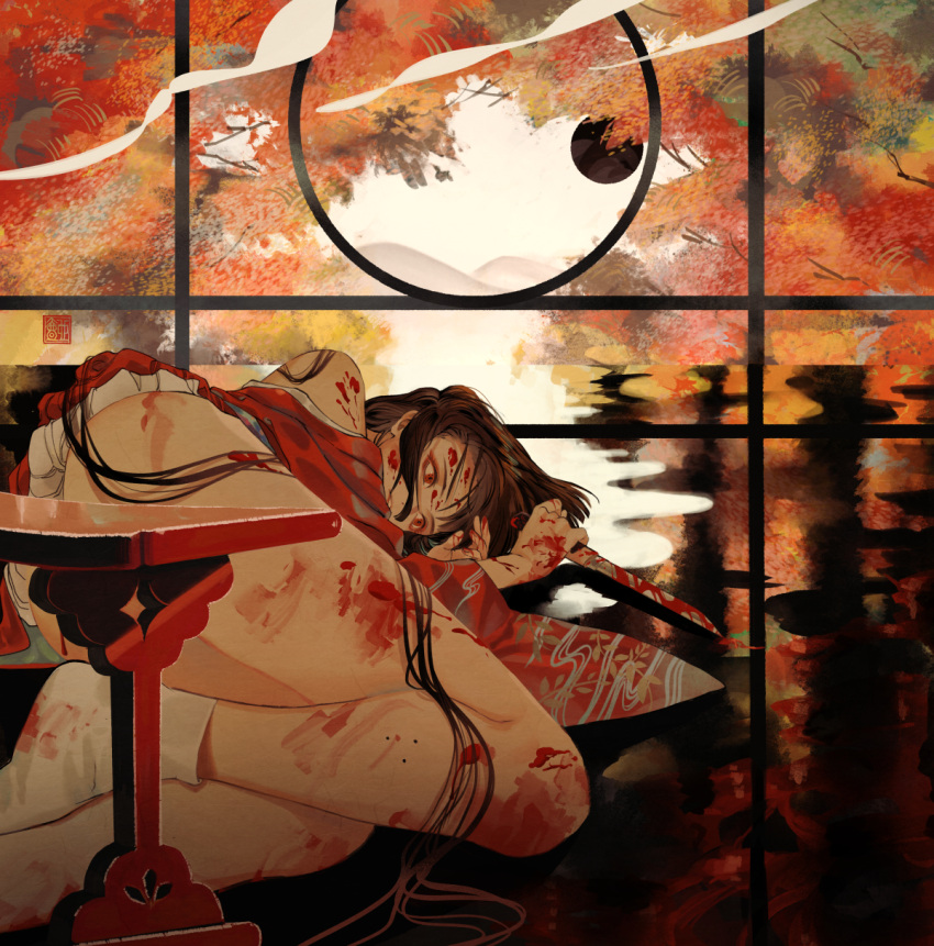 1girl autumn_leaves blood blood_on_arm blood_on_face blood_on_ground blood_on_hands blood_on_knife blood_on_leg brown_hair commentary_request highres holding holding_knife holding_weapon indoors japanese_clothes kimono knife long_hair lying moon_gate no_shoes on_ground on_side original p-suke parted_lips red_eyes red_kimono socks solo weapon white_legwear