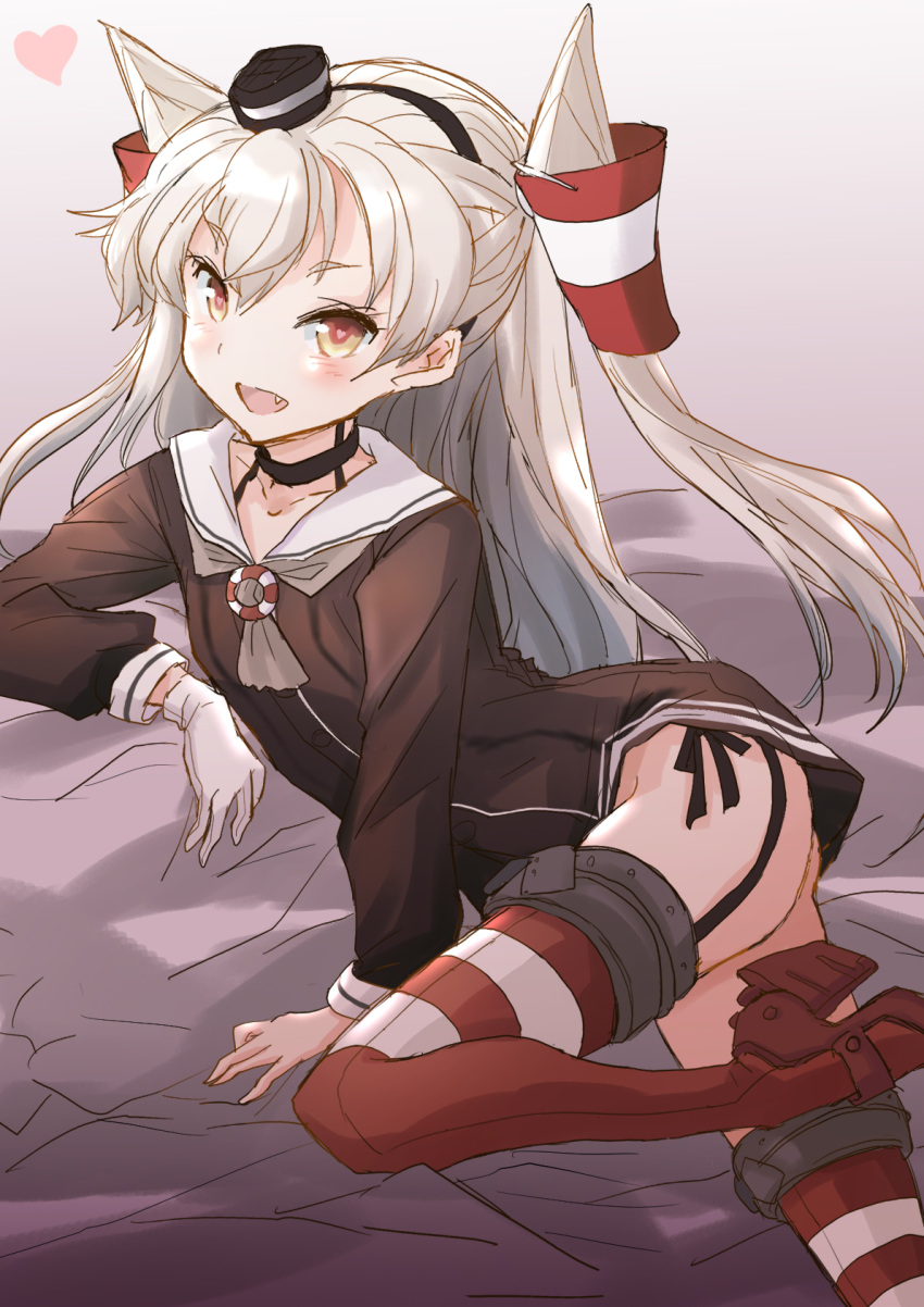 1girl amatsukaze_(kancolle) bed_sheet black_dress blush collarbone dress fang fuji_(pixiv24804665) gloves hair_between_eyes hair_tubes heart highres kantai_collection long_hair long_sleeves open_mouth red_legwear rudder_footwear sailor_collar sailor_dress silver_hair single_glove smile solo thigh-highs two_side_up white_gloves white_sailor_collar windsock yellow_eyes