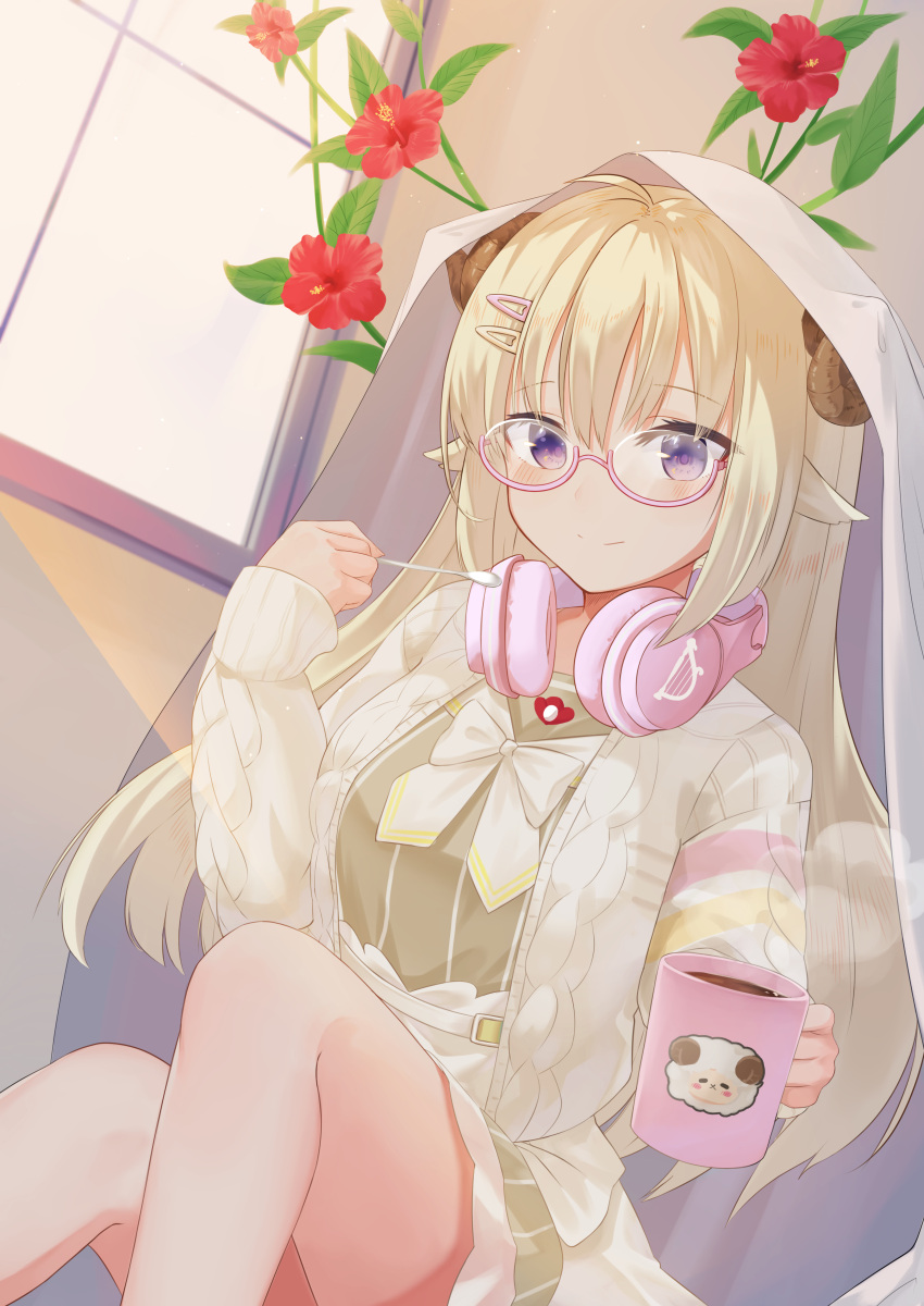 1girl absurdres ahoge aran_sweater beige_sweater blonde_hair blush cardigan closed_mouth commentary cotton_swab cup flower glasses highres holding holding_cup hololive horns long_hair looking_at_viewer open_cardigan open_clothes pink-framed_eyewear sailor_collar seka_(sekakoala) semi-rimless_eyewear sheep_horns sheep_print smile solo steam sweater tsunomaki_watame under-rim_eyewear veil virtual_youtuber window