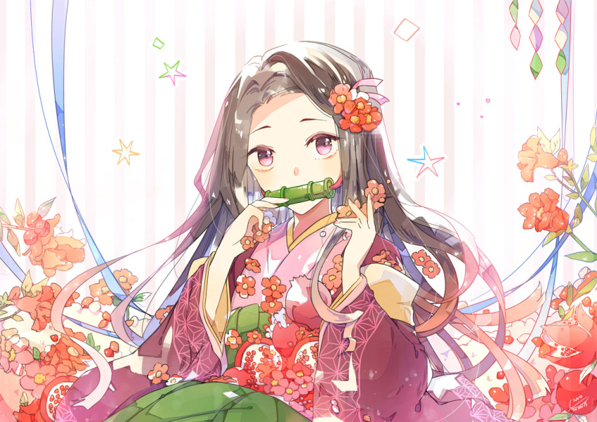 1girl bit_gag blue_ribbon brown_hair emo_(ricemo) flower gag gradient_hair green_hakama hair_flower hair_ornament hair_ribbon hakama haori japanese_clothes kamado_nezuko kimetsu_no_yaiba kimono long_hair looking_at_viewer multicolored_hair pink_kimono pink_ribbon red_eyes red_flower redhead ribbon shiny shiny_hair sitting solo striped striped_background very_long_hair white_background