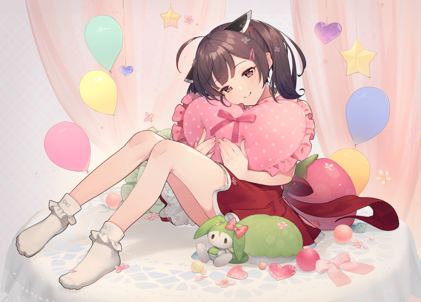 1girl ahoge balloon bangs blush bobby_socks brown_hair commentary_request curtains cushion dress flower frilled_dress frills hair_ornament hairclip headgear heart heart_pillow highres holding looking_at_viewer petals pillow pink_flower pink_nails red_dress red_eyes shirinda_fureiru short_twintails sitting smile socks solo star_(symbol) touhoku_kiritan twintails voiceroid white_footwear zundamon