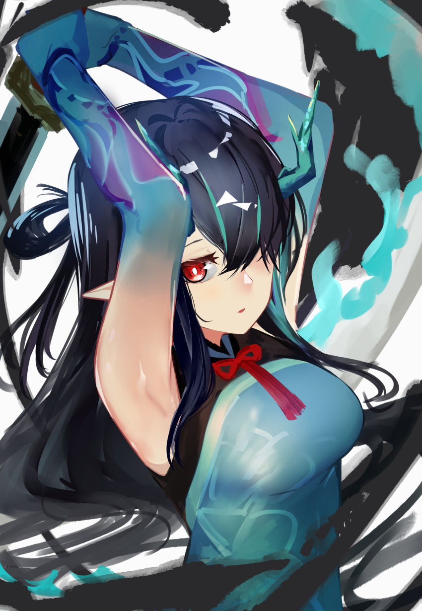 1girl absurdres ao_oni_(onioni-aoi) arknights armpits arms_up black_hair blue_dress blue_hair blue_skin breasts bright_pupils colored_skin dragon_horns dress dusk_(arknights) dusk_(everything_is_a_miracle)_(arknights) gradient_skin hair_over_one_eye highres holding holding_sword holding_weapon horns ink looking_at_viewer medium_breasts multicolored_hair official_alternate_costume parted_lips red_eyes sleeveless sleeveless_dress solo streaked_hair sword two-tone_hair weapon