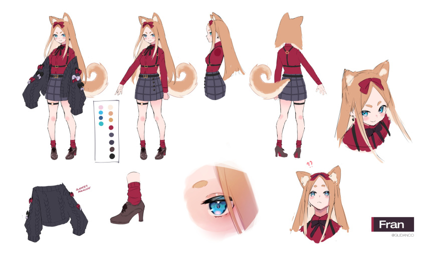 1girl absurdres animal_ear_fluff animal_ears black_bow black_sweater blue_eyes blush bow brown_footwear character_sheet collared_shirt dog_ears dog_tail fran_(gudanco_(nyanmeowzer)) grey_skirt gudanco_(nyanmeowzer) hair_bow high_heels highres long_hair multiple_views off_shoulder original parted_lips plaid plaid_skirt red_bow red_shirt shirt shirt_tucked_in skirt smile sweater tail