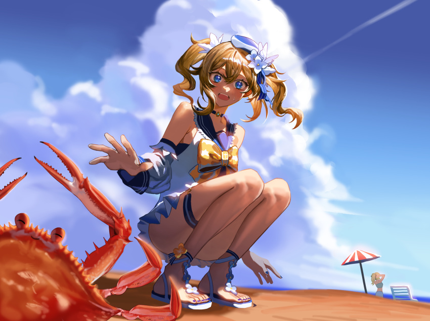 2girls absurdres ankle_flower ankle_ribbon barbara_(genshin_impact) barbara_(summertime_sparkle)_(genshin_impact) beach beach_chair beach_umbrella blonde_hair blue_eyes blue_headwear blue_nails blue_sky blush bow breasts choker clouds cloudy_sky commentary contrail convenient_leg crab day detached_sleeves english_commentary flower full_body genshin_impact hair_between_eyes hair_flower hair_ornament hat highres jean_(genshin_impact) jean_(sea_breeze_dandelion)_(genshin_impact) looking_at_viewer medium_hair multiple_girls nail_polish open_mouth outdoors outstretched_hand ribbon sailor_collar sailor_hat sandals shirt sidelocks sky small_breasts solo_focus squatting sweat sweatdrop swimsuit thigh_strap thighs toenail_polish toenails twintails umbrella white_flower white_shirt yai_sea_ball yellow_bow