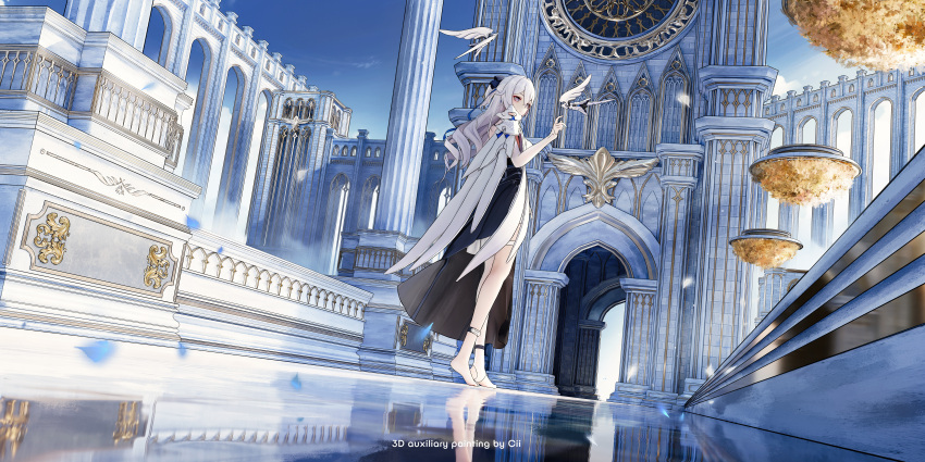 1girl absurdres armor barefoot bow breasts bronya_zaychik bronya_zaychik_(silverwing:_n-ex) building cii_(1415509675) day dress drone from_behind full_body grey_eyes hair_bow highres honkai_(series) honkai_impact_3rd long_hair long_sleeves looking_at_viewer looking_back medium_breasts one_side_up outdoors pauldrons reflection reflective_floor scenery shoulder_armor single_pauldron solo standing sunlight tiptoes white_dress white_hair